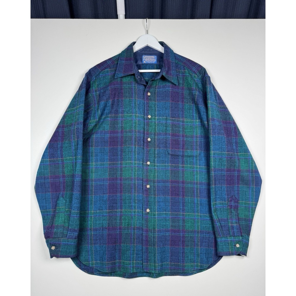 Vtg Pendleton Virgin Wool Flannel Shirt Large (Fits Roomy) - Blue Green Purple